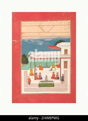 Kunst inspiriert von Einem Raja und einem Gast auf einer Terrasse sitzend Musikanten zuhören', Folio aus einem Manuskript des Raga Darshan von Anup, AH 1214/1799–1800 n. Chr., auf Papier Indien, Hyderabad, Gouache zugeschrieben, H. 14 5/16 Zoll (36,4 cm), Codices, Classic Works modernisiert von Artotop mit einem Schuss Moderne. Formen, Farbe und Wert, auffällige visuelle Wirkung auf Kunst. Emotionen durch Freiheit von Kunstwerken auf zeitgemäße Weise. Eine zeitlose Botschaft, die eine wild kreative neue Richtung verfolgt. Künstler, die sich dem digitalen Medium zuwenden und die Artotop NFT erschaffen Stockfoto