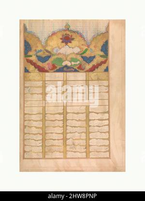 Kunst inspiriert von Page of Calligraphy mit Unwan aus einem Manuskript des Raga Darshan von Anup, datiert 1214 AH/ 1799–1800 n. Chr., zugeschrieben Indien, Hyderabad, Gouache und Gold auf Papier, H. 14 5/16 in. (36,4 cm), Codices, Classic Works modernisiert von Artotop mit einem Schuss Moderne. Formen, Farbe und Wert, auffällige visuelle Wirkung auf Kunst. Emotionen durch Freiheit von Kunstwerken auf zeitgemäße Weise. Eine zeitlose Botschaft, die eine wild kreative neue Richtung verfolgt. Künstler, die sich dem digitalen Medium zuwenden und die Artotop NFT erschaffen Stockfoto