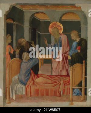 Kunst inspiriert von Johannes dem Evangelisten erhebt Drusiana, ca. 1460, Tempera und Gold auf Holz, 9 3/8 x 8 7/8 Zoll (23,8 x 22,5 cm), Gemälde, Giovanni di Paolo (Giovanni di Paolo di Grazia) (Italienisch, Siena 1398–1482 Siena, Klassische Werke, die von Artotop mit einem Schuss Moderne modernisiert wurden. Formen, Farbe und Wert, auffällige visuelle Wirkung auf Kunst. Emotionen durch Freiheit von Kunstwerken auf zeitgemäße Weise. Eine zeitlose Botschaft, die eine wild kreative neue Richtung verfolgt. Künstler, die sich dem digitalen Medium zuwenden und die Artotop NFT erschaffen Stockfoto