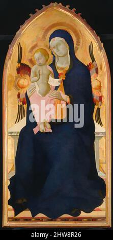 Kunst inspiriert von Madonna und Kind thront mit zwei Cherubim, 1435–40, Italienisch, Siena, Tempera auf Holz, Goldgeschliffen, 56 1/2 x 27 3/8 Zoll (143,5 x 69,5 cm), Gemälde, Osservanza Master (Italienisch, Siena, aktives zweites Viertel 15. Jahrhundert), Diese monumentale Madonna, thront und flankiert, Klassische Werke von Artotop mit einem Schuss Moderne modernisiert. Formen, Farbe und Wert, auffällige visuelle Wirkung auf Kunst. Emotionen durch Freiheit von Kunstwerken auf zeitgemäße Weise. Eine zeitlose Botschaft, die eine wild kreative neue Richtung verfolgt. Künstler, die sich dem digitalen Medium zuwenden und die Artotop NFT erschaffen Stockfoto