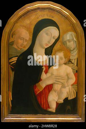 Kunst inspiriert von Madonna mit Kind mit den Heiligen Franziskus und Katharina von Siena, um 1476–80, Tempera auf Holz, Goldgrund, 25 3/4 x 16 7/8 Zoll (65,4 x 42,9 cm), Gemälde, Matteo di Giovanni di Bartolo (italienisch, Siena ca. 1430–1497 Siena, Klassisches, von Artotop modernisiertes Werk mit einem Hauch von Moderne. Formen, Farbe und Wert, auffällige visuelle Wirkung auf Kunst. Emotionen durch Freiheit von Kunstwerken auf zeitgemäße Weise. Eine zeitlose Botschaft, die eine wild kreative neue Richtung verfolgt. Künstler, die sich dem digitalen Medium zuwenden und die Artotop NFT erschaffen Stockfoto