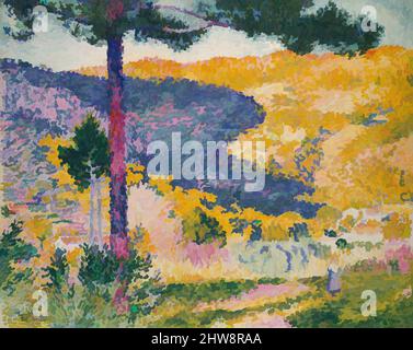 Art Inspired by Valley with Fir (Shade on the Mountain), 1909, Öl auf Leinwand, 29 x 35 1/2 Zoll (73,7 x 90,2 cm), Gemälde, Henri-Edmond Cross (Henri-Edmond Delacroix) (Französisch, Douai 1856–1910 Saint-Clair), Henri-Edmond Cross praktizierte den neoimpressionistischen Malstil, klassische Werke, die von Artotop mit einem Schuss Moderne modernisiert wurden. Formen, Farbe und Wert, auffällige visuelle Wirkung auf Kunst. Emotionen durch Freiheit von Kunstwerken auf zeitgemäße Weise. Eine zeitlose Botschaft, die eine wild kreative neue Richtung verfolgt. Künstler, die sich dem digitalen Medium zuwenden und die Artotop NFT erschaffen Stockfoto