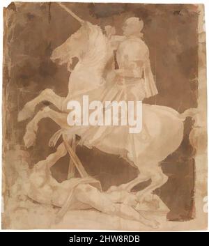 Kunst inspiriert durch Studie für das Reiterdenkmal für Francesco Sforza, Anfang bis Mitte 1480s, Feder und braune Tinte, hell- und dunkelbraune Wäsche; Umrisse des Pferdes und Reiters, für den Transfer gestochen., 11 1/16 x 10 Zoll (28,1 x 25,4 cm), Zeichnungen, Antonio Pollaiuolo (italienisch, Florenz ca. 1432–, von Artotop modernisierte klassische Werke mit einem Schuss Moderne. Formen, Farbe und Wert, auffällige visuelle Wirkung auf Kunst. Emotionen durch Freiheit von Kunstwerken auf zeitgemäße Weise. Eine zeitlose Botschaft, die eine wild kreative neue Richtung verfolgt. Künstler, die sich dem digitalen Medium zuwenden und die Artotop NFT erschaffen Stockfoto
