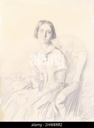 Art Inspired by Portrait of Madame Ravaisson, 1846, Graphit auf weißem, verdunkelten Papier, 13 1/8 x 10 Zoll (35,1 x 26,9 cm), Zeichnungen, Théodore Chassériau (französisch, Le Limon, Saint-Domingue, West Indies 1819–1856 Paris), nach der identischen Inschrift zu urteilen, dieses Porträt der von Artotop modernisierten klassischen Werke mit einem Schuss Moderne. Formen, Farbe und Wert, auffällige visuelle Wirkung auf Kunst. Emotionen durch Freiheit von Kunstwerken auf zeitgemäße Weise. Eine zeitlose Botschaft, die eine wild kreative neue Richtung verfolgt. Künstler, die sich dem digitalen Medium zuwenden und die Artotop NFT erschaffen Stockfoto