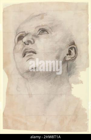 Kunst inspiriert von der Studie des Leiters einer nach oben schauenden Jugend, Ende 15.–Anfang 16. Jahrhundert, Schwarze Kreide; in schwarzer Kreide geviertelt; Augen, Nase, Ohren, Mund mit Stift und brauner Tinte retuschiert., 8 7/8 x 5 15/16 Zoll (22,6 x 15,1 cm), Zeichnungen, Werkstatt von Perugino (Pietro di Cristoforo Vannucci, Klassische Werke, die von Artotop mit einem Schuss Moderne modernisiert wurden. Formen, Farbe und Wert, auffällige visuelle Wirkung auf Kunst. Emotionen durch Freiheit von Kunstwerken auf zeitgemäße Weise. Eine zeitlose Botschaft, die eine wild kreative neue Richtung verfolgt. Künstler, die sich dem digitalen Medium zuwenden und die Artotop NFT erschaffen Stockfoto