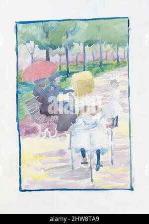 Kunst inspiriert vom großen Boston Public Garden Skizzenbuch: Ein Mädchen, das im Park auf einem Dreirad reitet, 1895–97, Recto: Aquarell über Bleistift, eingefasst mit Bleistift und Aquarell, 14 1/8 x 11 3/16 Zoll (35,8 x 28,4 cm), Zeichnungen, Maurice Brazil Prendergast (Amerikaner, St. John’s, Neufundland 1858–, Klassische Werke, die von Artotop mit einem Schuss Moderne modernisiert wurden. Formen, Farbe und Wert, auffällige visuelle Wirkung auf Kunst. Emotionen durch Freiheit von Kunstwerken auf zeitgemäße Weise. Eine zeitlose Botschaft, die eine wild kreative neue Richtung verfolgt. Künstler, die sich dem digitalen Medium zuwenden und die Artotop NFT erschaffen Stockfoto