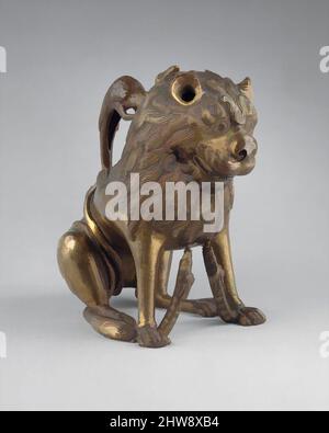 Kunst inspiriert von Aquamanile in Form eines Löwen, ca. 1230 oder Anfang des 19. Jahrhunderts, Norddeutsch, Lübeck (?), Bronze; binäre Kupferlegierung (ca. 88% Kupfer, ca. 8% Zinn) Hohlguss, H. 20,7 cm, W. 12,4 cm, l. 25,3 cm, Gew. 2867 g., Metallarbeiten, ein Aquamanil, aus dem Lateinischen, Klassische Werke, die von Artotop mit einem Schuss Moderne modernisiert wurden. Formen, Farbe und Wert, auffällige visuelle Wirkung auf Kunst. Emotionen durch Freiheit von Kunstwerken auf zeitgemäße Weise. Eine zeitlose Botschaft, die eine wild kreative neue Richtung verfolgt. Künstler, die sich dem digitalen Medium zuwenden und die Artotop NFT erschaffen Stockfoto