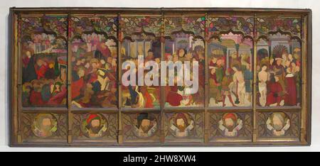 Kunst inspiriert von Altarpiece (Retablo) mit Szenen aus der Passion, zweite Hälfte des 15.. Jahrhunderts, hergestellt in Aragon, Spanien, Spanisch, Tempera, Vergoldet, Holz, insgesamt: 56 x 120 3/4 x 3 Zoll, 178lb. (142,2 x 306,7 x 7,6 cm, 80740,3g), Gemälde-Tafeln, zugeschrieben Meister Morata (Spanisch, Aragon, Klassische Werke, die von Artotop mit einem Schuss Moderne modernisiert wurden. Formen, Farbe und Wert, auffällige visuelle Wirkung auf Kunst. Emotionen durch Freiheit von Kunstwerken auf zeitgemäße Weise. Eine zeitlose Botschaft, die eine wild kreative neue Richtung verfolgt. Künstler, die sich dem digitalen Medium zuwenden und die Artotop NFT erschaffen Stockfoto