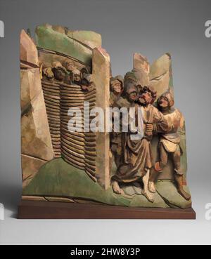 Kunst inspiriert von Judas Eintritt in den Garten Gethsemane, um Christus zu verraten, 15. Jahrhundert, Deutsch oder Südniederländisch, Limewood mit Farbe und Vergoldung, insgesamt: 19 11/16 x 18 3/8 x 1 15/16in. (50 x 46,7 x 5cm), Skulptur-Holz, Klassisches Werk, das von Artotop mit einem Schuss Moderne modernisiert wurde. Formen, Farbe und Wert, auffällige visuelle Wirkung auf Kunst. Emotionen durch Freiheit von Kunstwerken auf zeitgemäße Weise. Eine zeitlose Botschaft, die eine wild kreative neue Richtung verfolgt. Künstler, die sich dem digitalen Medium zuwenden und die Artotop NFT erschaffen Stockfoto