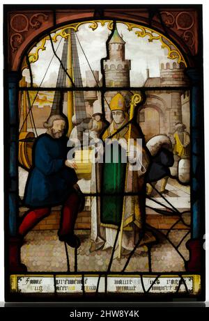 Kunst inspiriert von der Glasplatte des Heiligen Nikolaus, 16. Jahrhundert, Niederlandisch, Pot-Metall-Glas und Glasfarbe, insgesamt: 28 1/4 x 19 Zoll (71,8 x 48,3 cm), Glasmalerei, nach einem Entwurf von Jacob Cornelisz van Oostsanen (Niederländisch, Oostsanen ca. 1470–1533 Amsterdam, Klassisches von Artotop modernisiertes Werk mit einem Schuss Moderne. Formen, Farbe und Wert, auffällige visuelle Wirkung auf Kunst. Emotionen durch Freiheit von Kunstwerken auf zeitgemäße Weise. Eine zeitlose Botschaft, die eine wild kreative neue Richtung verfolgt. Künstler, die sich dem digitalen Medium zuwenden und die Artotop NFT erschaffen Stockfoto