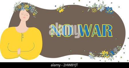 Ein Mädchen mit Blumen auf dem Kopf betet um Hilfe, Freiheit und Frieden. Es gibt keinen Krieg. Idee blau und gelb Konzept. Beenden Sie den Krieg gegen die Ukraine Stock Vektor