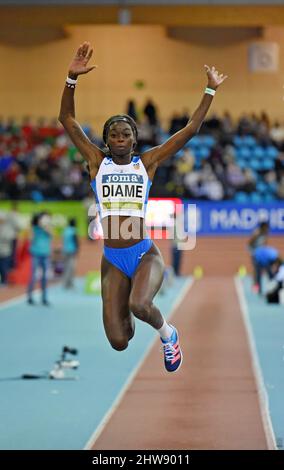 Fatima Diame (ESP) belegt beim Weitsprung der Frauen mit 21-4 1/4 (6,51m) den zweiten Platz beim Treffen der Villa de Madrid in der CDM Gallur Arena, Dienstag, Ma Stockfoto