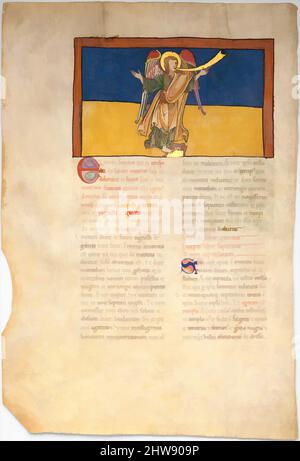Kunst inspiriert von Blatt aus einem Beatus Manuskript: Der siebte Engel verkündet die Herrschaft des Herrn, ca. 1180, Spanisch, Tempera, Gold und Tinte auf Pergament, insgesamt (Folio): 17 1/2 x 11 13/16 Zoll (44,5 x 30 cm), Handschriften und Illuminationen, illustrierte Beatus-Handschriften erwecken zum Leben, von Artotop modernisierte Klassiker mit einem Schuss Moderne. Formen, Farbe und Wert, auffällige visuelle Wirkung auf Kunst. Emotionen durch Freiheit von Kunstwerken auf zeitgemäße Weise. Eine zeitlose Botschaft, die eine wild kreative neue Richtung verfolgt. Künstler, die sich dem digitalen Medium zuwenden und die Artotop NFT erschaffen Stockfoto