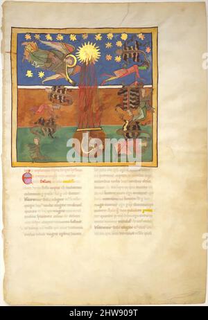 Manuskript: Am Clarion der Trompete des fünften Engels fällt ein Stern aus dem Himmel; die bodenlose Grube wird mit einem Schlüssel geöffnet; aus dem Rauch auftauchend, kommen Heuschrecken auf die Erde und quälen die Todlosen, ca. 1180, Spanisch, Tempera, Gold und Tusche auf, Klassische Werke, die von Artotop mit einem Hauch von Moderne modernisiert wurden. Formen, Farbe und Wert, auffällige visuelle Wirkung auf Kunst. Emotionen durch Freiheit von Kunstwerken auf zeitgemäße Weise. Eine zeitlose Botschaft, die eine wild kreative neue Richtung verfolgt. Künstler, die sich dem digitalen Medium zuwenden und die Artotop NFT erschaffen Stockfoto
