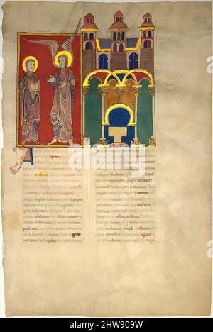 Kunst inspiriert von Blatt aus einem Beatus Manuskript: Der Engel der Kirche von Sardis mit dem Heiligen Johannes, ca. 1180, Spanisch, Tempera, Gold und Tinte auf Pergament, insgesamt (Folio): 17 1/2 x 11 13/16 Zoll (44,4 x 30 cm), Handschriften und Illuminationen, illustrierte Beatus-Handschriften erwecken zum Leben, von Artotop modernisierte Klassiker mit einem Schuss Moderne. Formen, Farbe und Wert, auffällige visuelle Wirkung auf Kunst. Emotionen durch Freiheit von Kunstwerken auf zeitgemäße Weise. Eine zeitlose Botschaft, die eine wild kreative neue Richtung verfolgt. Künstler, die sich dem digitalen Medium zuwenden und die Artotop NFT erschaffen Stockfoto