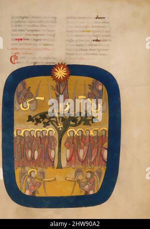 Manuskript: Engel halten die vier Winde zurück; der Engel steigt von der aufgehenden Sonne auf, ca. 1180, Spanisch, Tempera, Gold und Tinte auf Pergament, insgesamt (Folio): 17 1/2 x 11 13/16 Zoll (44,4 x 30 cm), Handschriften und Illuminationen, illustrierter Beatus, Klassisches, von Artotop modernisiertes Werk mit einem Schuss Moderne. Formen, Farbe und Wert, auffällige visuelle Wirkung auf Kunst. Emotionen durch Freiheit von Kunstwerken auf zeitgemäße Weise. Eine zeitlose Botschaft, die eine wild kreative neue Richtung verfolgt. Künstler, die sich dem digitalen Medium zuwenden und die Artotop NFT erschaffen Stockfoto