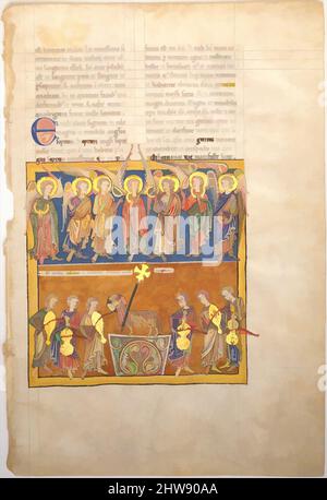 Manuskript: Sieben Engel halten die Kelche der Sieben letzten Plagen; die Hymne des Lammes, ca. 1180, Spanisch, Tempera, Gold und Tinte auf Pergament, insgesamt (Folio): 17 1/2 x 11 13/16 Zoll (44,5 x 30 cm), Handschriften und Illuminationen, illustrierter Beatus, Klassisches, von Artotop modernisiertes Werk mit einem Schuss Moderne. Formen, Farbe und Wert, auffällige visuelle Wirkung auf Kunst. Emotionen durch Freiheit von Kunstwerken auf zeitgemäße Weise. Eine zeitlose Botschaft, die eine wild kreative neue Richtung verfolgt. Künstler, die sich dem digitalen Medium zuwenden und die Artotop NFT erschaffen Stockfoto