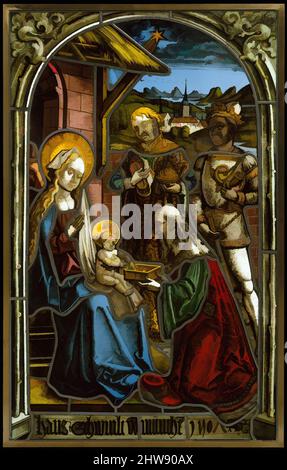 Kunst inspiriert von der Anbetung der Könige, 1507, Made in Munich, Germany, German, Topfmetall und farbloses Glas, Glasfarbe und Silberfärbung, insgesamt: 28 1/2 x 18 x 3/8 Zoll (72,4 x 45,7 x 1 cm), Glasmalerei, Kreis von Peter Hemmel von Andlau (Straßburger Werkstattgemeinschaft) (, Klassisches Werk, das von Artotop mit einem Schuss Moderne modernisiert wurde. Formen, Farbe und Wert, auffällige visuelle Wirkung auf Kunst. Emotionen durch Freiheit von Kunstwerken auf zeitgemäße Weise. Eine zeitlose Botschaft, die eine wild kreative neue Richtung verfolgt. Künstler, die sich dem digitalen Medium zuwenden und die Artotop NFT erschaffen Stockfoto