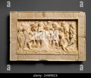 Kunst inspiriert von der Straße nach Kalvarienberg, ca. 1440, Made in Middle Rheinland, Germany, German, Alabaster, 7 3/8 × 11 7/16 × 13/16 in. (18,8 × 29 × 2 cm), Skulpturenstein, Nachfolger des Meisters des Lorscher Kalvarienberges, die Kraft dieses hingebungsvollen Bildes von Jesus, der das Kreuz trägt, und, Klassische Werke, die von Artotop mit einem Schuss Moderne modernisiert wurden. Formen, Farbe und Wert, auffällige visuelle Wirkung auf Kunst. Emotionen durch Freiheit von Kunstwerken auf zeitgemäße Weise. Eine zeitlose Botschaft, die eine wild kreative neue Richtung verfolgt. Künstler, die sich dem digitalen Medium zuwenden und die Artotop NFT erschaffen Stockfoto