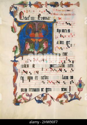 Kunst inspiriert von Manuskript Blatt mit Initiale A, aus einem Antiphonar, ca. 1425–50, Made in Mainz, Deutschland, Deutsch, Tempera, Tinte und Metallblatt auf Pergament, insgesamt: 20 3/8 x 14 15/16in. (51,7 x 38cm), Handschriften und Illuminationen, Klassisches Werk, das von Artotop mit einem Schuss Moderne modernisiert wurde. Formen, Farbe und Wert, auffällige visuelle Wirkung auf Kunst. Emotionen durch Freiheit von Kunstwerken auf zeitgemäße Weise. Eine zeitlose Botschaft, die eine wild kreative neue Richtung verfolgt. Künstler, die sich dem digitalen Medium zuwenden und die Artotop NFT erschaffen Stockfoto