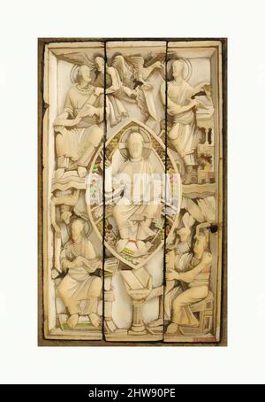 Kunst inspiriert von Tafel mit Christus in Majestät und den vier Evangelisten, 11. Jahrhundert, hergestellt in Köln, Deutschland, Ottonian, Elfenbein, insgesamt: 6 1/8 x 3 3/4 Zoll (15,6 x 9,5 cm), ivories, die Evangelisten schreiben hier ihre Evangelien mit Hilfe ihrer charakteristischen Symbole. Ein Ochse buchstäblich, Classic Works modernisiert von Artotop mit einem Schuss Moderne. Formen, Farbe und Wert, auffällige visuelle Wirkung auf Kunst. Emotionen durch Freiheit von Kunstwerken auf zeitgemäße Weise. Eine zeitlose Botschaft, die eine wild kreative neue Richtung verfolgt. Künstler, die sich dem digitalen Medium zuwenden und die Artotop NFT erschaffen Stockfoto