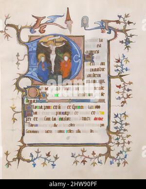 Kunst inspiriert von Manuskript Blatt mit der Kreuzigung in einem ersten D, aus einem Buch der Stunden, ca. 1350, hergestellt in Nordfrankreich, Nordfrankreich, Tempera, Tinte und Gold auf Pergament, insgesamt: 8 3/16 x 6 1/2 Zoll (20,8 x 16,5 cm), Handschriften und Illuminationen, die Kreuzigung dient als eine Art, klassische Werke von Artotop mit einem Schuss Moderne modernisiert. Formen, Farbe und Wert, auffällige visuelle Wirkung auf Kunst. Emotionen durch Freiheit von Kunstwerken auf zeitgemäße Weise. Eine zeitlose Botschaft, die eine wild kreative neue Richtung verfolgt. Künstler, die sich dem digitalen Medium zuwenden und die Artotop NFT erschaffen Stockfoto