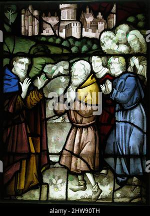 Kunst inspiriert von Glasmalerei mit einem Heiligen Mann und sechs Suppliants, 15. Jahrhundert, Südniederländisch, Topfmetall, Weißglas, Glasfarbe, Silberfleck, insgesamt: 30 9/16 x 22 13/16 x 1/4 Zoll (77,6 x 57,9 x 0,6 cm), Glasmalerei, Klassisches Werk, modernisiert von Artotop mit einem Schuss Moderne. Formen, Farbe und Wert, auffällige visuelle Wirkung auf Kunst. Emotionen durch Freiheit von Kunstwerken auf zeitgemäße Weise. Eine zeitlose Botschaft, die eine wild kreative neue Richtung verfolgt. Künstler, die sich dem digitalen Medium zuwenden und die Artotop NFT erschaffen Stockfoto