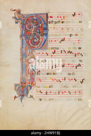 Kunst inspiriert von Manuskript Blatt mit Blatt Initial P, aus einem Antiphonar, ca. 1250–60, hergestellt möglicherweise in Arezzo, Italien, Italienisch, Tempera, Tusche, Gold und Silber auf Pergament, insgesamt: 20 1/2 x 14 5/16 Zoll (52 x 36,3 cm), Handschriften und Illuminationen, Klassisches Werk, das von Artotop mit einem Schuss Moderne modernisiert wurde. Formen, Farbe und Wert, auffällige visuelle Wirkung auf Kunst. Emotionen durch Freiheit von Kunstwerken auf zeitgemäße Weise. Eine zeitlose Botschaft, die eine wild kreative neue Richtung verfolgt. Künstler, die sich dem digitalen Medium zuwenden und die Artotop NFT erschaffen Stockfoto