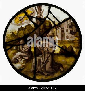 Kunst inspiriert von Roundel mit St. Francis empfängt die Stigmata, ca. 1505–15, hergestellt in Nürnberg (?), Deutschland, deutsch, farbloses Glas, Silberfleck, Glasfarbe, GesamtDurchm.: 9 1/8 Zoll (23,2 cm), Glasmalerei, nach Albrecht Dürer (deutsch, Nürnberg 1471–1528 Nürnberg, Klassische Werke, die von Artotop mit einem Schuss Moderne modernisiert wurden. Formen, Farbe und Wert, auffällige visuelle Wirkung auf Kunst. Emotionen durch Freiheit von Kunstwerken auf zeitgemäße Weise. Eine zeitlose Botschaft, die eine wild kreative neue Richtung verfolgt. Künstler, die sich dem digitalen Medium zuwenden und die Artotop NFT erschaffen Stockfoto