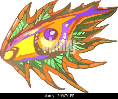 Ungewöhnliches buntes Augensymbol in Fischform auf Weiß. Grunge welliges Auge wie ein Drache für Textilien, Poster, Umwelt- oder Innenraumlösungen, Tapeten Stockfoto