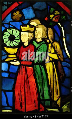Kunst inspiriert von König Louis IX trägt die Krone der Dornen, ca. 1245–48, Made in Tours, Frankreich, französisch, Pot-Metal-Glas und Glasfarbe, insgesamt: 21 11/16 x 13 15/16 Zoll (55,1 x 35,4 cm), Glasmalerei, König Ludwig IX. Von Frankreich (r. 1226-70), später Saint Louis, unternahm zwei Kreuzzüge, Klassische Werke modernisiert von Artotop mit einem Spritzer der Moderne. Formen, Farbe und Wert, auffällige visuelle Wirkung auf Kunst. Emotionen durch Freiheit von Kunstwerken auf zeitgemäße Weise. Eine zeitlose Botschaft, die eine wild kreative neue Richtung verfolgt. Künstler, die sich dem digitalen Medium zuwenden und die Artotop NFT erschaffen Stockfoto