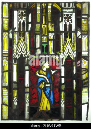Art Inspired by Panel with Standing Figure under Architectural Detail, 14. Century, French, Glass, Overall: 26 1/2 x 19 3/4 Zoll (67,3 x 50,2 cm), Glasmalerei, Klassisches Werk, das von Artotop mit einem Schuss Moderne modernisiert wurde. Formen, Farbe und Wert, auffällige visuelle Wirkung auf Kunst. Emotionen durch Freiheit von Kunstwerken auf zeitgemäße Weise. Eine zeitlose Botschaft, die eine wild kreative neue Richtung verfolgt. Künstler, die sich dem digitalen Medium zuwenden und die Artotop NFT erschaffen Stockfoto