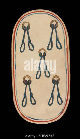 Kunst inspiriert von 5 von Nooses, von The Cloisters Playing Cards, ca. 1475–80, hergestellt in burgundischen Gebieten, Südniederländisch, Papier (vier Lagen Pasteboard) mit Stift und Tinte, opaker Farbe, Glasuren und auftragenem Silber und Gold, 5 3/16 × 2 3/4 Zoll (13,2 × 7 cm), Verschiedenes-Papier, Klassisches Werk, modernisiert von Artotop mit einem Schuss Moderne. Formen, Farbe und Wert, auffällige visuelle Wirkung auf Kunst. Emotionen durch Freiheit von Kunstwerken auf zeitgemäße Weise. Eine zeitlose Botschaft, die eine wild kreative neue Richtung verfolgt. Künstler, die sich dem digitalen Medium zuwenden und die Artotop NFT erschaffen Stockfoto