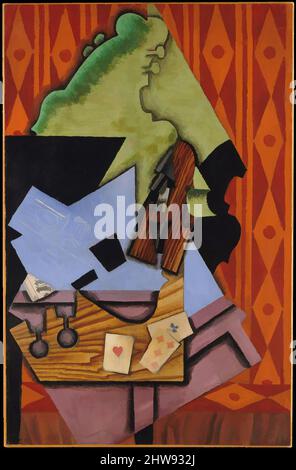 Kunst inspiriert von Violine und Spielkarten auf einem Tisch, 1913, Öl auf Leinwand, 39 1/2 × 25 3/4 Zoll (100,3 × 65,4 cm), Gemälde, Juan Gris (Spanisch, Madrid 1887–1927 Boulogne-sur-seine), Gris komponierte dieses Werk während einer dreimonatigen Reise im Jahr 1913 in das kleine Dorf Céret in den Pyrenäen, klassische Werke, die von Artotop mit einem Schuss Moderne modernisiert wurden. Formen, Farbe und Wert, auffällige visuelle Wirkung auf Kunst. Emotionen durch Freiheit von Kunstwerken auf zeitgemäße Weise. Eine zeitlose Botschaft, die eine wild kreative neue Richtung verfolgt. Künstler, die sich dem digitalen Medium zuwenden und die Artotop NFT erschaffen Stockfoto