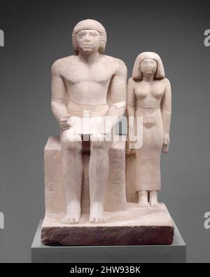 Kunst inspiriert von der Statue von Demedji und Hennutsen, altes Königreich, Dynastie 5, ca. 2465–2438 v. Chr., aus Ägypten; wahrscheinlich aus der Memphit-Region, Giza oder Saqqara, Kalkstein, Farbe, H. 83 cm (32 11/16 in); W. 50,8 cm (20 Zoll); d. 51 cm (20 1/16 in), Diese zwei Statue, zeigt einen Mann und eine Frau, Classic Works modernisiert von Artotop mit einem Schuss Moderne. Formen, Farbe und Wert, auffällige visuelle Wirkung auf Kunst. Emotionen durch Freiheit von Kunstwerken auf zeitgemäße Weise. Eine zeitlose Botschaft, die eine wild kreative neue Richtung verfolgt. Künstler, die sich dem digitalen Medium zuwenden und die Artotop NFT erschaffen Stockfoto