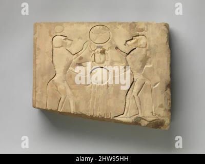 Von Relief inspirierte Kunst, die zwei Paviane zeigt, die dem sonnengott Khepri, der das Unterwelt-Zeichen hält, das Hochzeitsauge darbringen, aus der späten – ptolemäischen Zeit, 400–200 v. Chr., aus Ägypten, Kalkstein, H. 30,9 cm (12 3/16 in.); B. 39,3 cm (15 1/2 in.); D. 6 cm (2 3/8 in.), in dieser Szene zwei klassische Werke, die von Artotop mit einem Schuss Moderne modernisiert wurden. Formen, Farbe und Wert, auffällige visuelle Wirkung auf Kunst. Emotionen durch Freiheit von Kunstwerken auf zeitgemäße Weise. Eine zeitlose Botschaft, die eine wild kreative neue Richtung verfolgt. Künstler, die sich dem digitalen Medium zuwenden und die Artotop NFT erschaffen Stockfoto