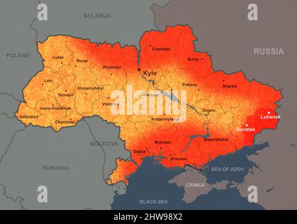 Krieg in der Ukraine-Konzept, russische Invasion auf militärisch-politischer Landkarte. Territorium der Ukraine auf der Europakarte während des Russland-Ukraine-Konflikts. Ukrainische Borde Stockfoto