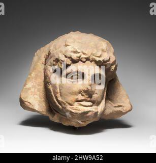 Kunst inspiriert von Kalkstein Reliefkopf eines Persers, ca. 330–300 v. Chr., Griechisch, Tarentin, Kalkstein mit Farbspuren, 4 5/16 × 5 9/16 × 3 7/8 Zoll (11 × 14,2 × 9,9 cm), Steinskulptur, dieser fein geschnitzte Reliefkopf zeigt einen Perser, identifiziert durch den unverwechselbaren Kopftuch gebunden, Classic Works modernisiert von Artotop mit einem Schuss Moderne. Formen, Farbe und Wert, auffällige visuelle Wirkung auf Kunst. Emotionen durch Freiheit von Kunstwerken auf zeitgemäße Weise. Eine zeitlose Botschaft, die eine wild kreative neue Richtung verfolgt. Künstler, die sich dem digitalen Medium zuwenden und die Artotop NFT erschaffen Stockfoto