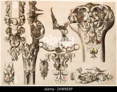 Art inspired by Plate Eight from plusieurs models des plus nouuelles manieres qui sont en usage en l'Art de Arquebuzerie, ca. 1660, Paris, Französisch, Paris, Gravur, Blatt: 7 1/16 x 5 1/8 Zoll (17,9 x 13 cm), Arbeiten auf Papier-Gravuren, wenig bekannt über die königlichen Gunmaker, Thuraine, Classic Works modernisiert von Artotop mit einem Schuss Moderne. Formen, Farbe und Wert, auffällige visuelle Wirkung auf Kunst. Emotionen durch Freiheit von Kunstwerken auf zeitgemäße Weise. Eine zeitlose Botschaft, die eine wild kreative neue Richtung verfolgt. Künstler, die sich dem digitalen Medium zuwenden und die Artotop NFT erschaffen Stockfoto