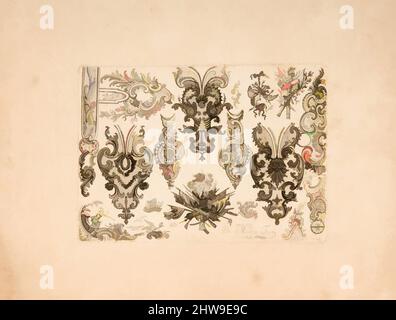 Kunst inspiriert von Teller Acht aus Nouveavx Desseins D'Arquebvseries, datiert 1743, Paris, Französisch, Paris, Gravur, Blatt: 11 7/8 x 9 1/16 Zoll (30,2 x 23 cm); Platte: 7 7/16 x 5 1/4 Zoll (18,9 x 13,3 cm), Arbeiten an Papiergravuren, das Musterbuch, zu dem diese Platte gehört, gehörte zu den von Artotop modernisierten, klassischen Werken mit einem Schuss Moderne. Formen, Farbe und Wert, auffällige visuelle Wirkung auf Kunst. Emotionen durch Freiheit von Kunstwerken auf zeitgemäße Weise. Eine zeitlose Botschaft, die eine wild kreative neue Richtung verfolgt. Künstler, die sich dem digitalen Medium zuwenden und die Artotop NFT erschaffen Stockfoto