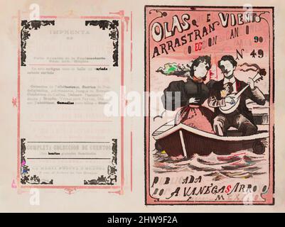 Art Inspired by Cover for 'Olas que el Viento Arrastran para 1901', a man serenading a woman in a row boat, ca. 1901, Fotolief und Buchdruck in rosa und schwarzer Tinte auf beigem Papier, Blatt: 5 13/16 × 7 7/8 Zoll (14,8 × 20 cm), Drucke, José Guadalupe Posada (mexikanisch, 1851–1913, Klassische Werke, die von Artotop mit einem Schuss Moderne modernisiert wurden. Formen, Farbe und Wert, auffällige visuelle Wirkung auf Kunst. Emotionen durch Freiheit von Kunstwerken auf zeitgemäße Weise. Eine zeitlose Botschaft, die eine wild kreative neue Richtung verfolgt. Künstler, die sich dem digitalen Medium zuwenden und die Artotop NFT erschaffen Stockfoto