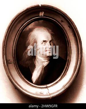 Von Plaque inspirierte Kunst Porträt von Benjamin Franklin, 1776–1883, Made in France, Emaille, 3 7/8 x 2 7/8 Zoll (9,8 x 7,3 cm), Gemälde, nach Jacques Thouron, Klassisches Werk, modernisiert von Artotop mit einem Schuss Moderne. Formen, Farbe und Wert, auffällige visuelle Wirkung auf Kunst. Emotionen durch Freiheit von Kunstwerken auf zeitgemäße Weise. Eine zeitlose Botschaft, die eine wild kreative neue Richtung verfolgt. Künstler, die sich dem digitalen Medium zuwenden und die Artotop NFT erschaffen Stockfoto