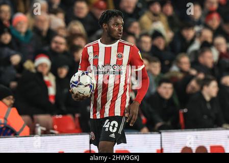 Sheffield, Großbritannien. 04. März 2022. Femi Seriki #40 von Sheffield United während des Spiels in Sheffield, Großbritannien am 3/4/2022. (Foto von Mark Cosgrove/News Images/Sipa USA) Quelle: SIPA USA/Alamy Live News Stockfoto