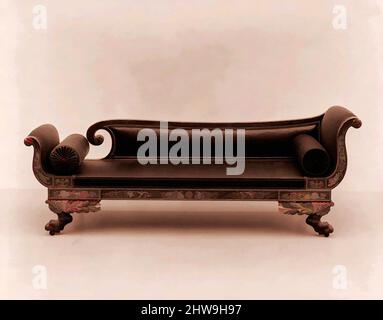 Art Inspired by Sofa, 1810–20, Made in New York, New York, USA, American, Maple, 30 x 82 1/2 x 24 1/2 Zoll (76,2 x 209,6 x 62,2 cm), Möbel, die der Werkstatt von Duncan Phyfe (1770–1854) zugeschrieben werden, Möbelstücke wie Sofas mit aufgerollten Enden, eins höher als das andere, klassische Werke, die von Artotop mit einem Schuss Moderne modernisiert wurden. Formen, Farbe und Wert, auffällige visuelle Wirkung auf Kunst. Emotionen durch Freiheit von Kunstwerken auf zeitgemäße Weise. Eine zeitlose Botschaft, die eine wild kreative neue Richtung verfolgt. Künstler, die sich dem digitalen Medium zuwenden und die Artotop NFT erschaffen Stockfoto