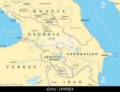 Kaukasus, Kaukasus, politische Landkarte. Region zwischen dem Schwarzen und dem Kaspischen Meer, hauptsächlich von Armenien, Aserbaidschan, Georgien und Teilen Südrusslands besetzt. Stockfoto