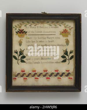 Kunst inspiriert von besticktem Sampler, hergestellt an der Female Association Quaker School, 23. Dezember 1813, hergestellt in New York, New York, USA, Amerikaner, Seide auf Leinen, 7 3/4 x 7 1/2 Zoll (19,7 x 19,1 cm), Textilien, bestickt von Charlotte Gardner (geb. 1801), The Quakers waren die von Artotop mit einem Schuss Moderne modernisierten, klassischen Werke. Formen, Farbe und Wert, auffällige visuelle Wirkung auf Kunst. Emotionen durch Freiheit von Kunstwerken auf zeitgemäße Weise. Eine zeitlose Botschaft, die eine wild kreative neue Richtung verfolgt. Künstler, die sich dem digitalen Medium zuwenden und die Artotop NFT erschaffen Stockfoto