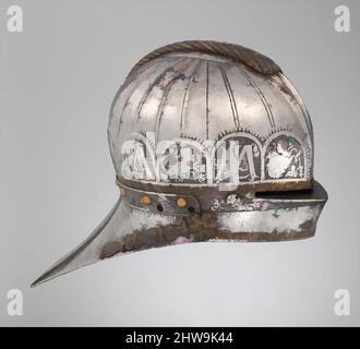 Jousting Sallet für Louis II (1506-1526), König von Ungarn und Böhmen, Ca. 1525, Augsburg, Deutsche, Augsburg, Stahl, Kupfer, Aluminium, Gold, H.10 in. (25,4 cm); W. 15. (38,1 cm); D.10. (25,4 cm); Wt. 9 lb. (4082 g), Helme, der Helm für die Scharfrennen, ein Turnier kämpfte durch zwei Kandidaten bewaffnet mit scharfen Lanzen bestimmt war. Die luftregionen Initialen L und M, für Ludwig II. von Ungarn (1506 - 1526) und seiner Frau Maria von Österreich, sind prominent in der Dekoration empfohlene Stockfoto