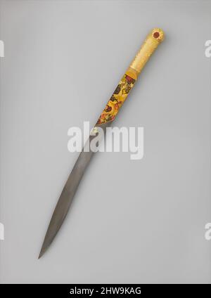 Kunst inspiriert von Kurzschwert (Yatagan) vom Hof Süleymans des Magnificent (reg. 1520–66), ca. 1525–30, Istanbul, Türkisch, Istanbul, Stahl, Gold, Elfenbein (Walross), Silber, Türkis, Perlen, Rubine, L. 23 3/8 Zoll (59,3 cm); L. der Klinge 18 3/8 Zoll (46,7 cm); Gewicht 1 lb. 8 oz. (691, Classic Works modernisiert von Artotop mit einem Schuss Moderne. Formen, Farbe und Wert, auffällige visuelle Wirkung auf Kunst. Emotionen durch Freiheit von Kunstwerken auf zeitgemäße Weise. Eine zeitlose Botschaft, die eine wild kreative neue Richtung verfolgt. Künstler, die sich dem digitalen Medium zuwenden und die Artotop NFT erschaffen Stockfoto