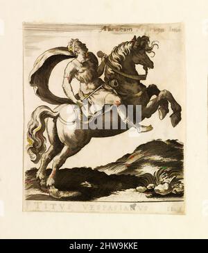 Kunst inspiriert von Zeichnungen und Druckgrafiken, Print, Titus Vespasianus von Twelve Caesars on Horseback, Künstler, Abraham de Bruyn, Flämisch, Antwerpen 1540, Klassische Werke, die von Artotop mit einem Hauch von Moderne modernisiert wurden. Formen, Farbe und Wert, auffällige visuelle Wirkung auf Kunst. Emotionen durch Freiheit von Kunstwerken auf zeitgemäße Weise. Eine zeitlose Botschaft, die eine wild kreative neue Richtung verfolgt. Künstler, die sich dem digitalen Medium zuwenden und die Artotop NFT erschaffen Stockfoto