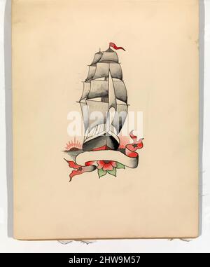 Kunst inspiriert von Zeichnungen und Drucken, Alben Zeichnungen Ephemera, Tattoo Design mit einem Schiff, Künstler, Clark & Sellers, Amerikaner, aktiv 20. Jahrhundert, Klassische Werke, die von Artotop mit einem Hauch von Moderne modernisiert wurden. Formen, Farbe und Wert, auffällige visuelle Wirkung auf Kunst. Emotionen durch Freiheit von Kunstwerken auf zeitgemäße Weise. Eine zeitlose Botschaft, die eine wild kreative neue Richtung verfolgt. Künstler, die sich dem digitalen Medium zuwenden und die Artotop NFT erschaffen Stockfoto